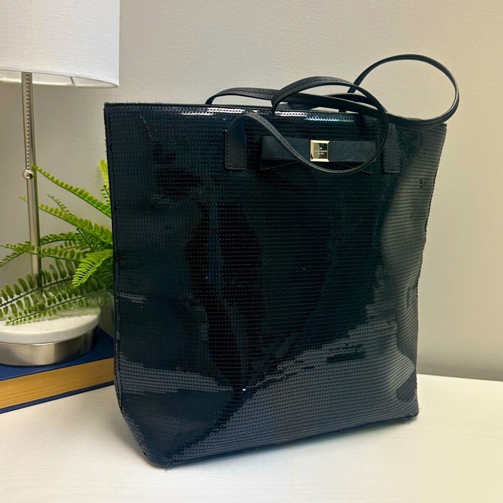 Kate Spade New York Black Sequin Salinas Bow Shopper Tote Handbag